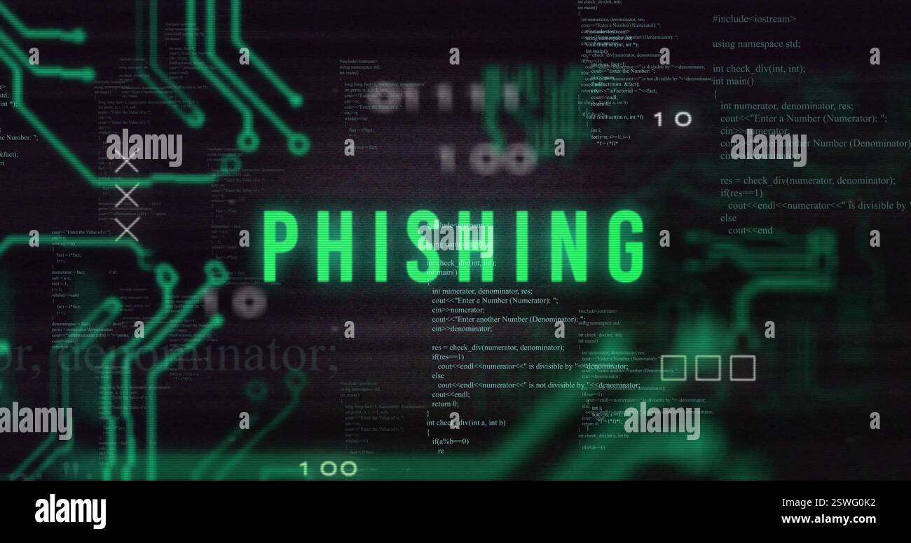 Image of phishing text over motherboard network and processing data on interface Stock Photo