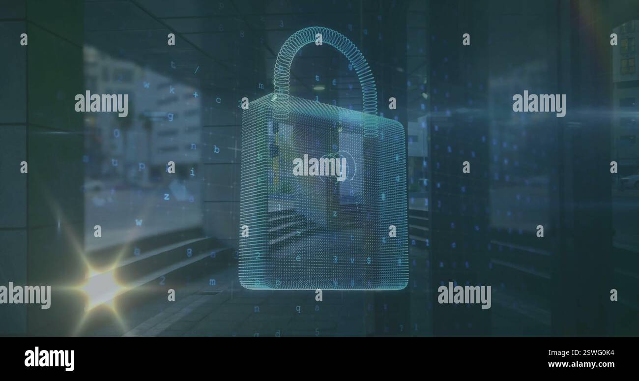 Image of padlock and financial data processing over cityscape Stock Photo