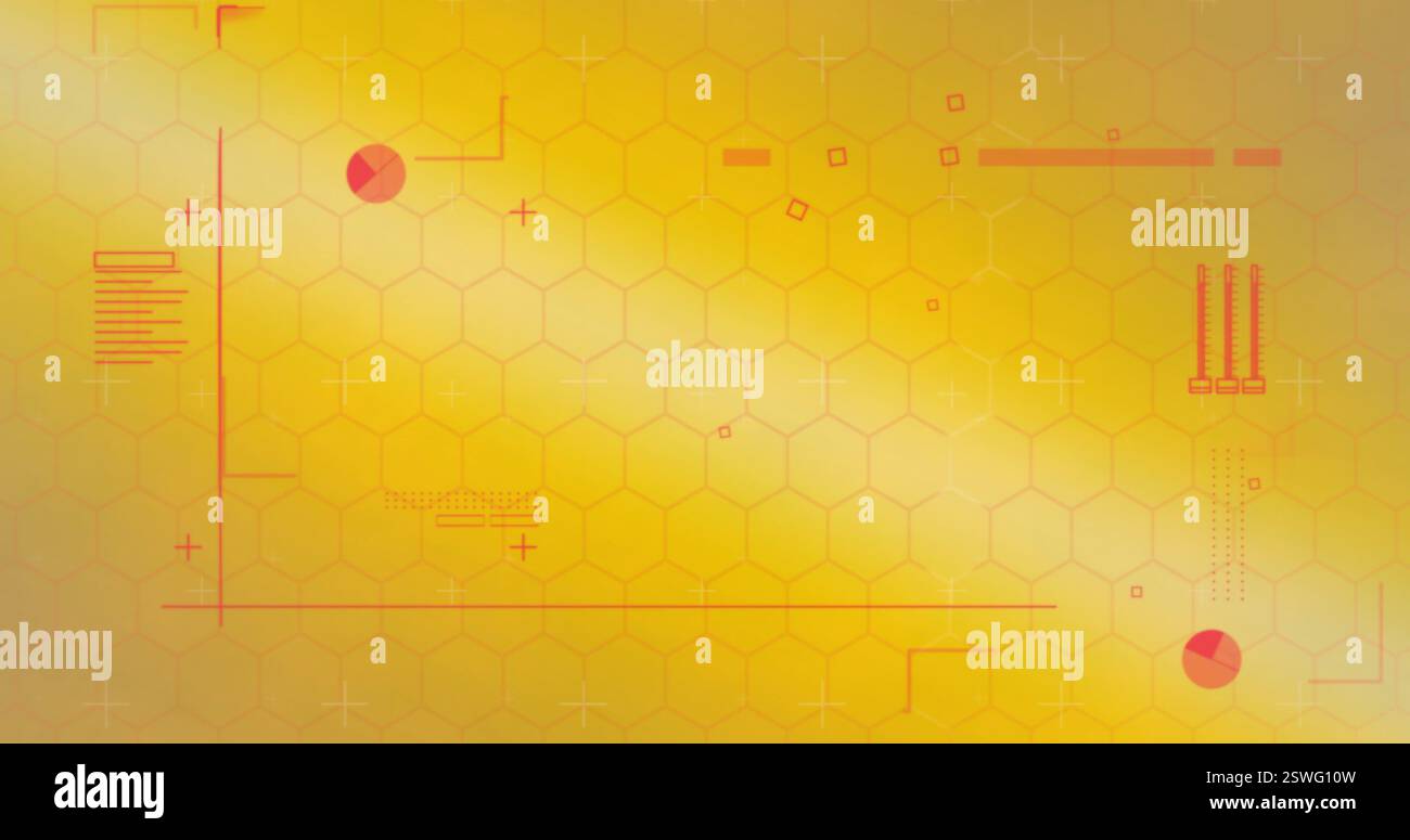 Image of data processing over hexagons on yellow background Stock Photo