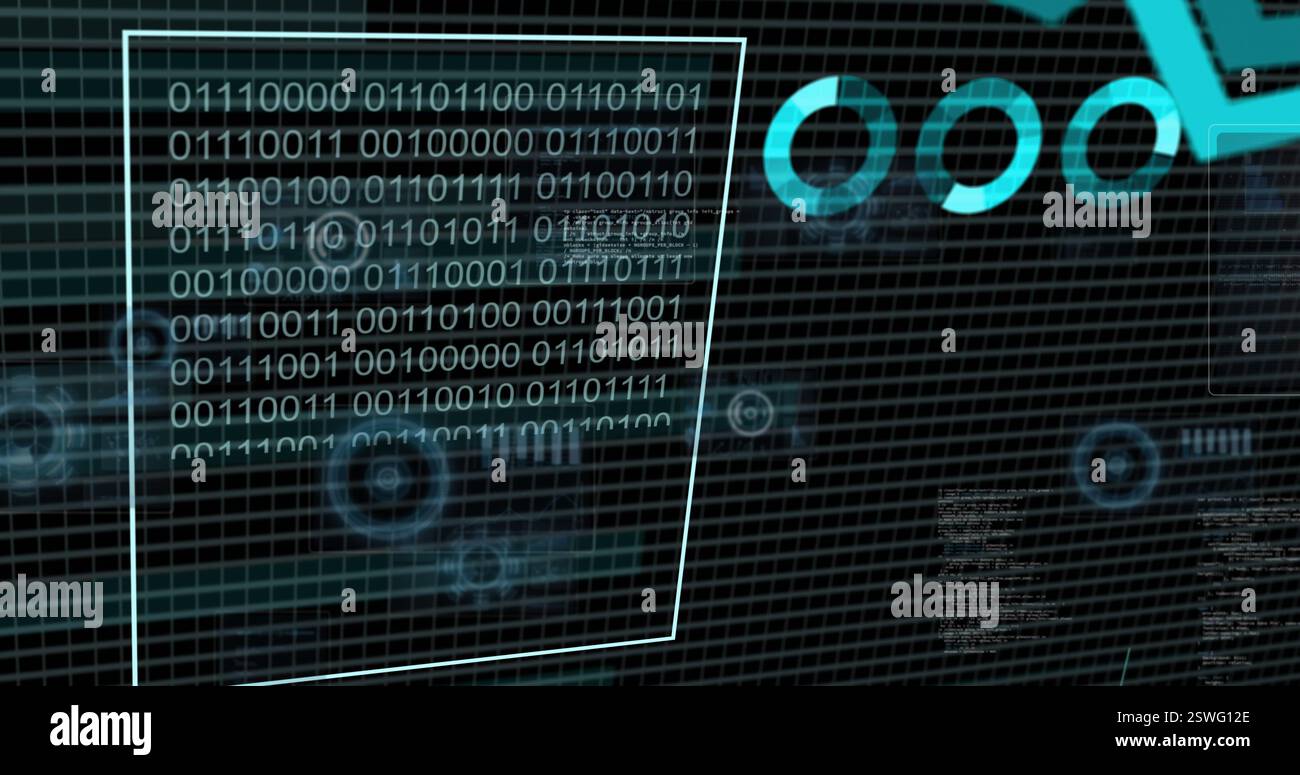 Image of binary coding and digital data processing on black background Stock Photo