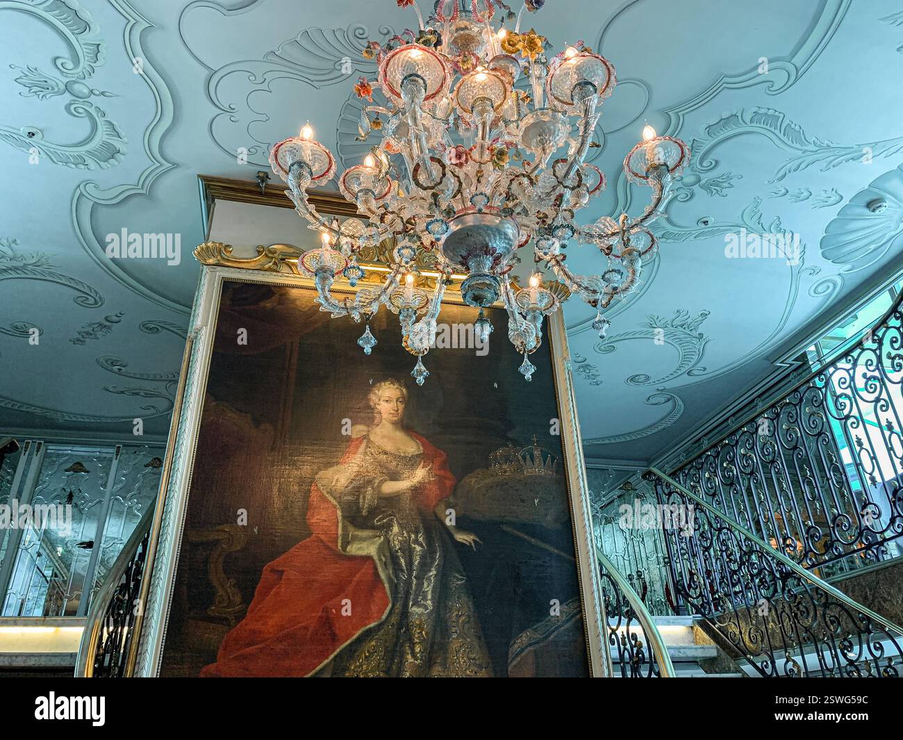 On board cruise ship SS MARIA THERESA (Uniworld Boutique River Cruises), famous for its opulent 18th-century decor, sailing on Danube & Main waterways - Smartphone Captured Stock Image