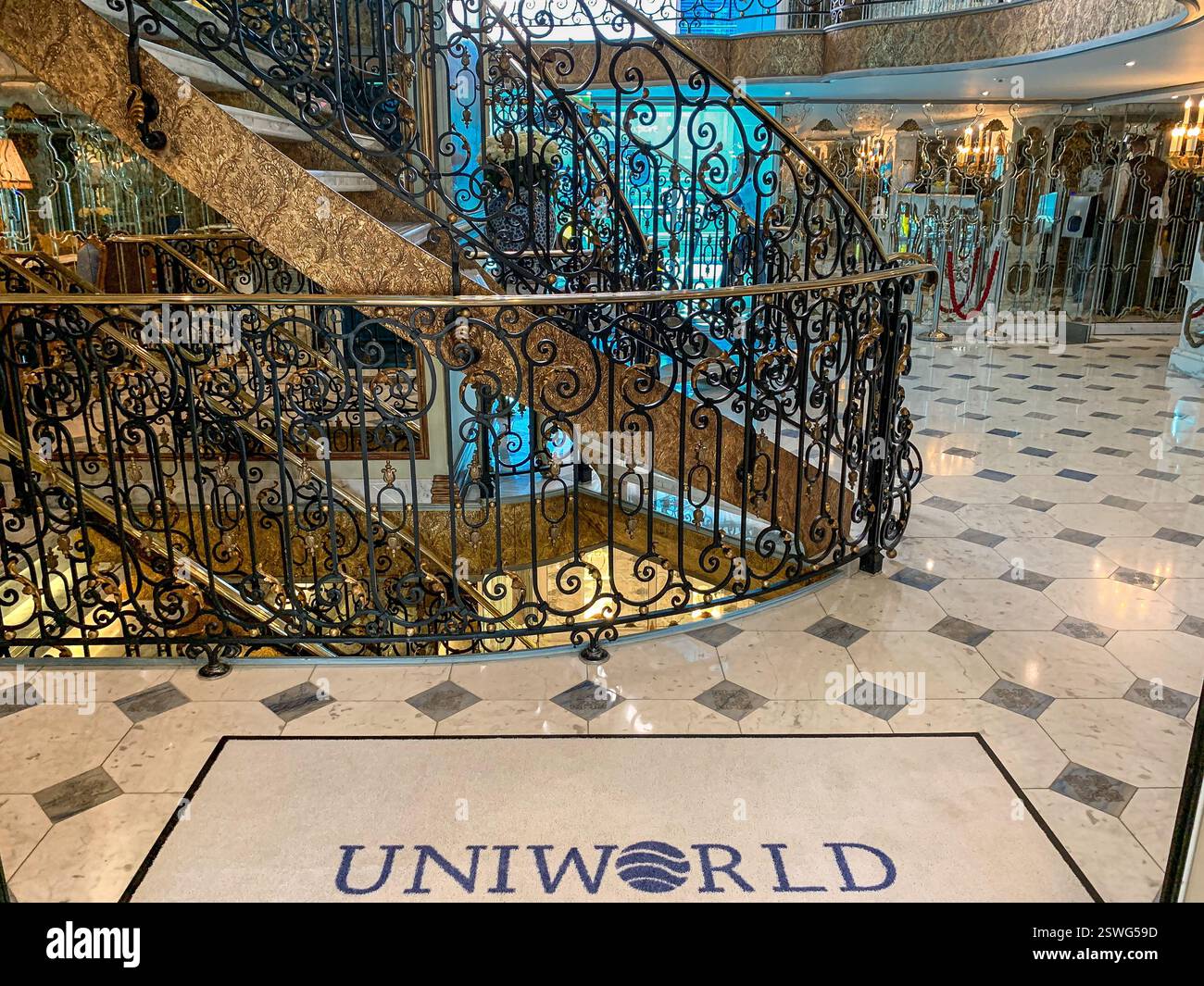 On board cruise ship SS MARIA THERESA (Uniworld Boutique River Cruises), famous for its opulent 18th-century decor, sailing on Danube & Main waterways - Smartphone Captured Stock Image