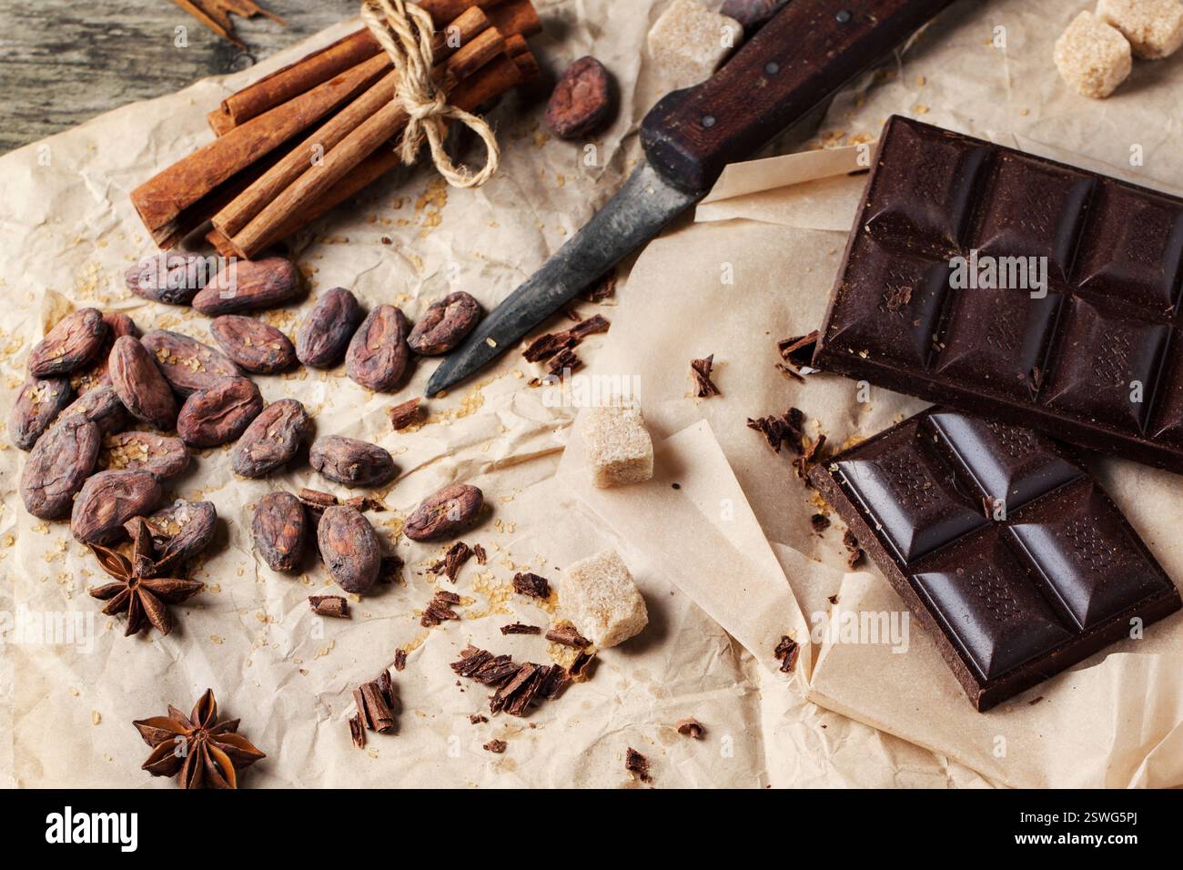 Dark chocolate with cocoa beans Stock Photo