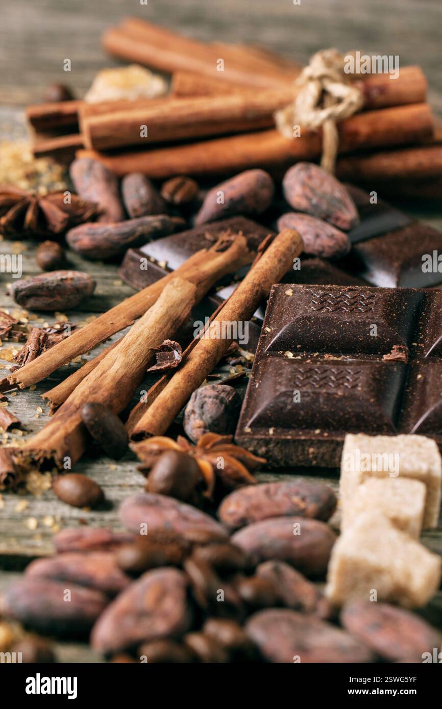 Dark chocolate with cocoa beans Stock Photo