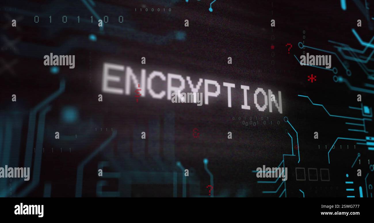 Image of encryption text over network and processing data on black background Stock Photo