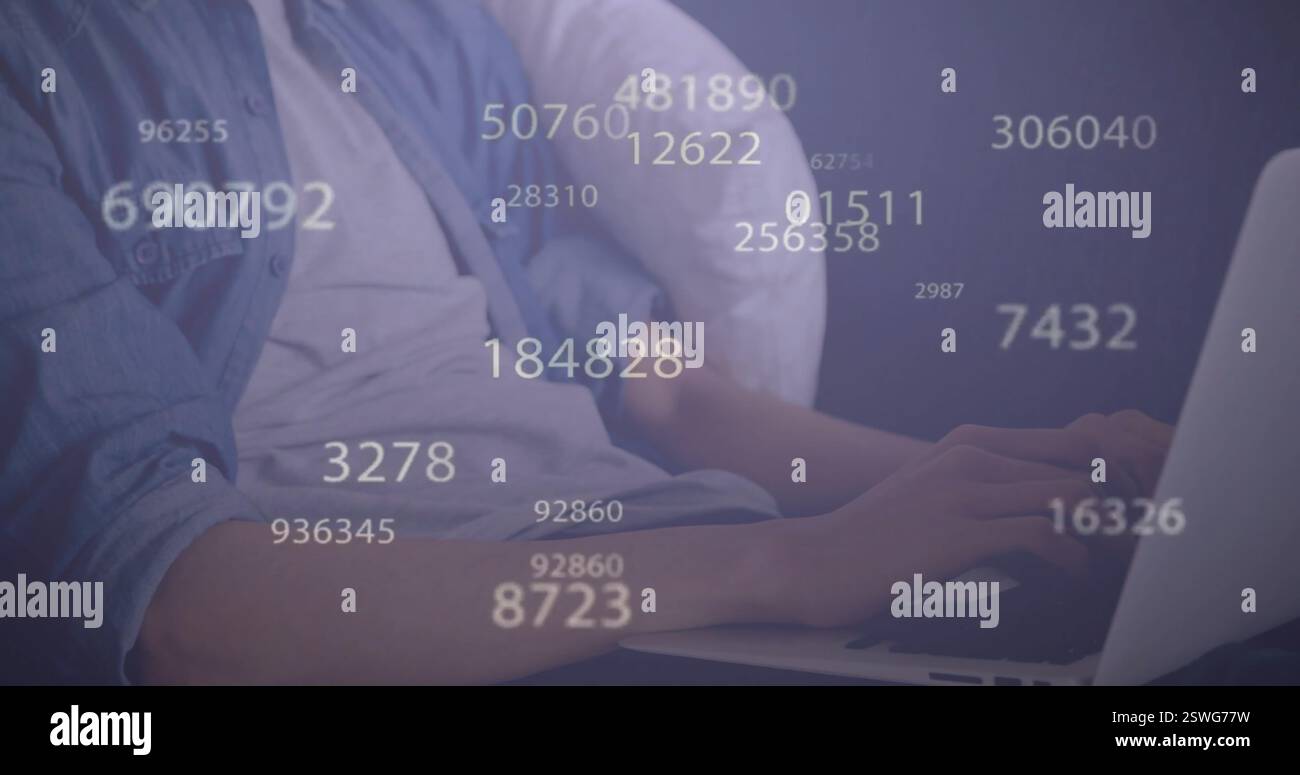 Image of data processing over caucasian man using laptop Stock Photo