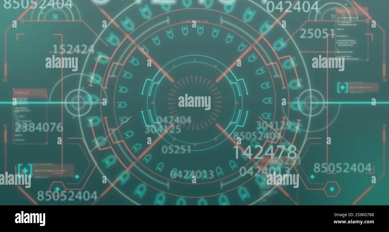 Image of circular scanner and numeric data processing on dark green background Stock Photo