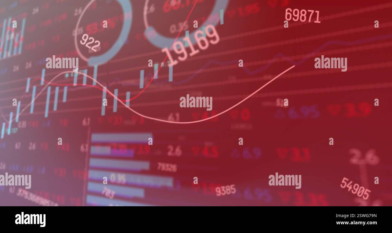 Image of numeric data processing over graphs charts on dark background Stock Photo