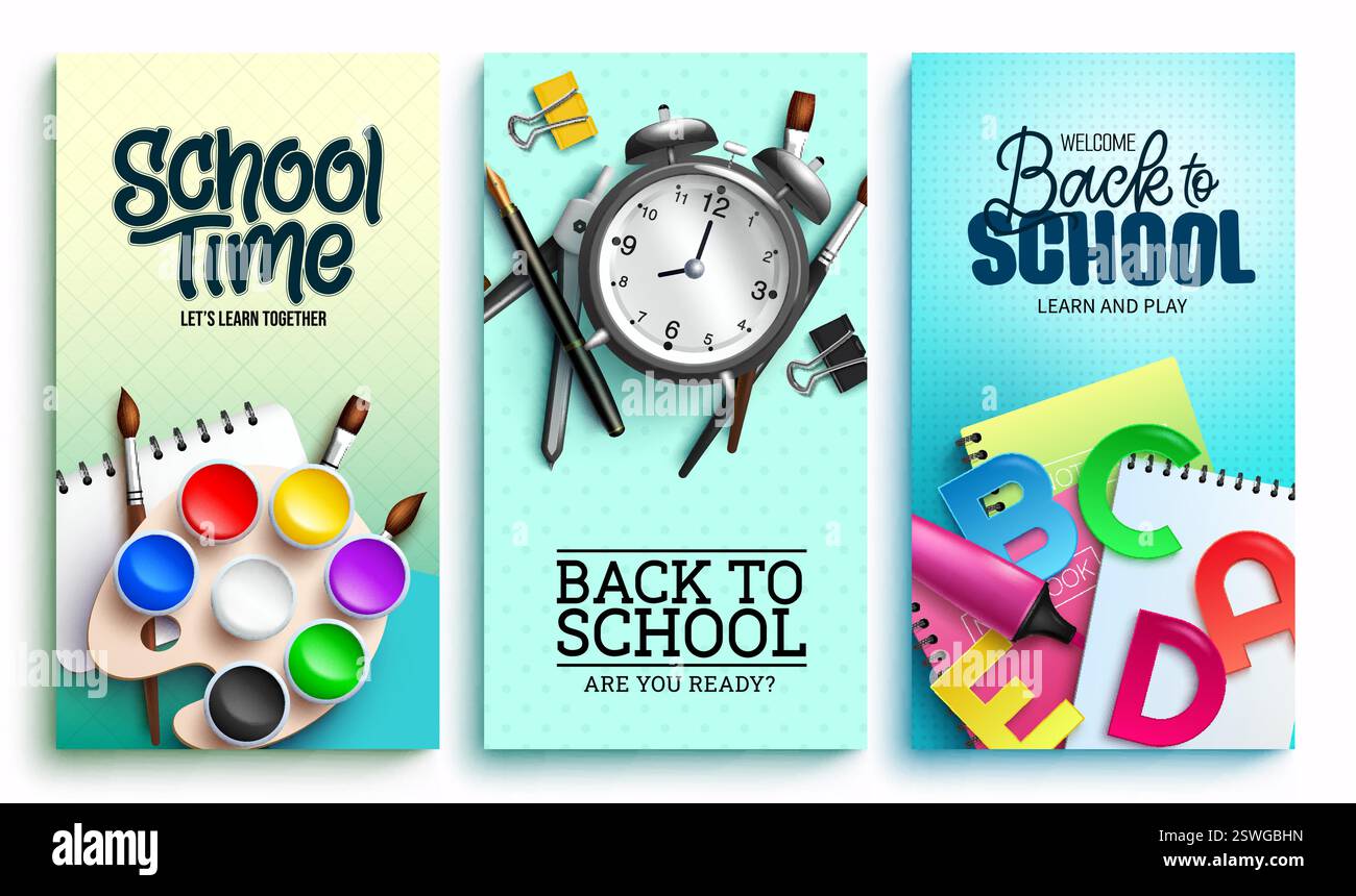 Back to school vector poster design. Back to school text in white background with notebooks, pencil and watercolor learning elements for educational Stock Vector