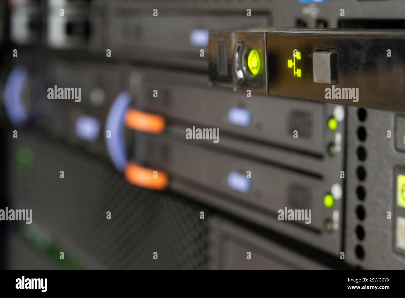 Computer server mainframe and harddisk drive raid storage with LED in computer server data-center for cloud service and hosting information infrastruc Stock Photo