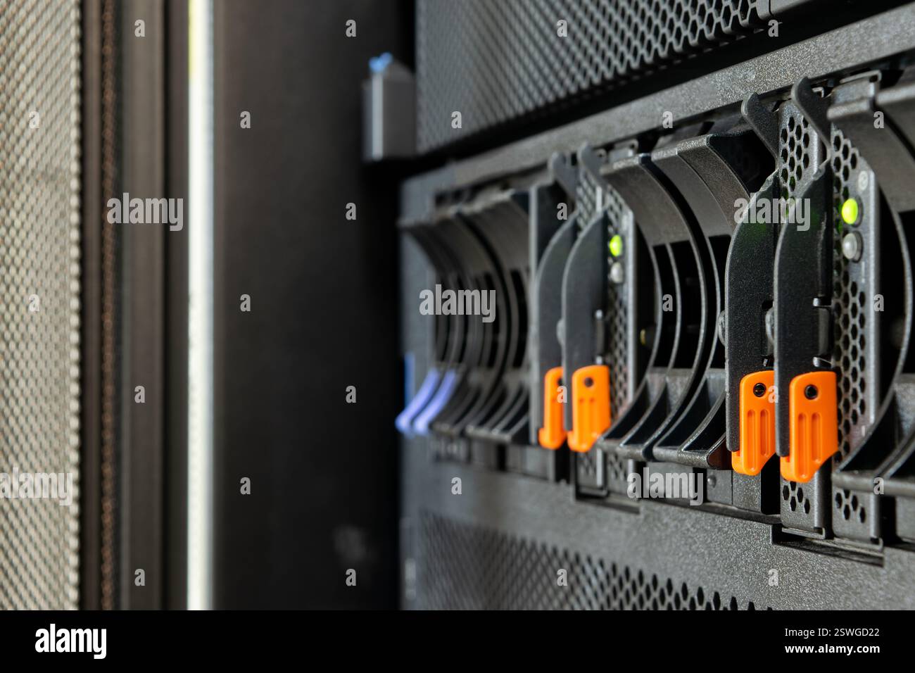 Computer server mainframe and harddisk drive raid storage with LED in computer server data-center for cloud service and hosting information infrastruc Stock Photo