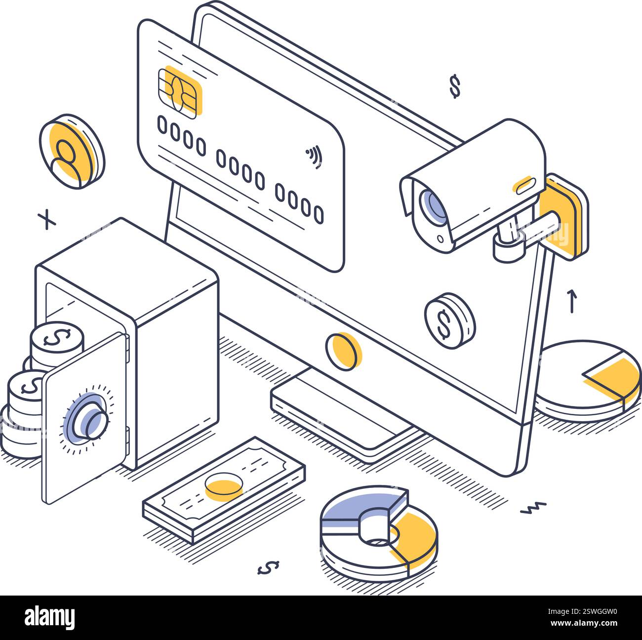 Line art isometric vector illustration of online banking, emphasizing security with a safe, monitor, and financial charts connected by digital element Stock Vector