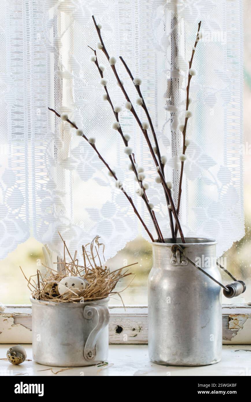 Willow and quail eggs Stock Photo