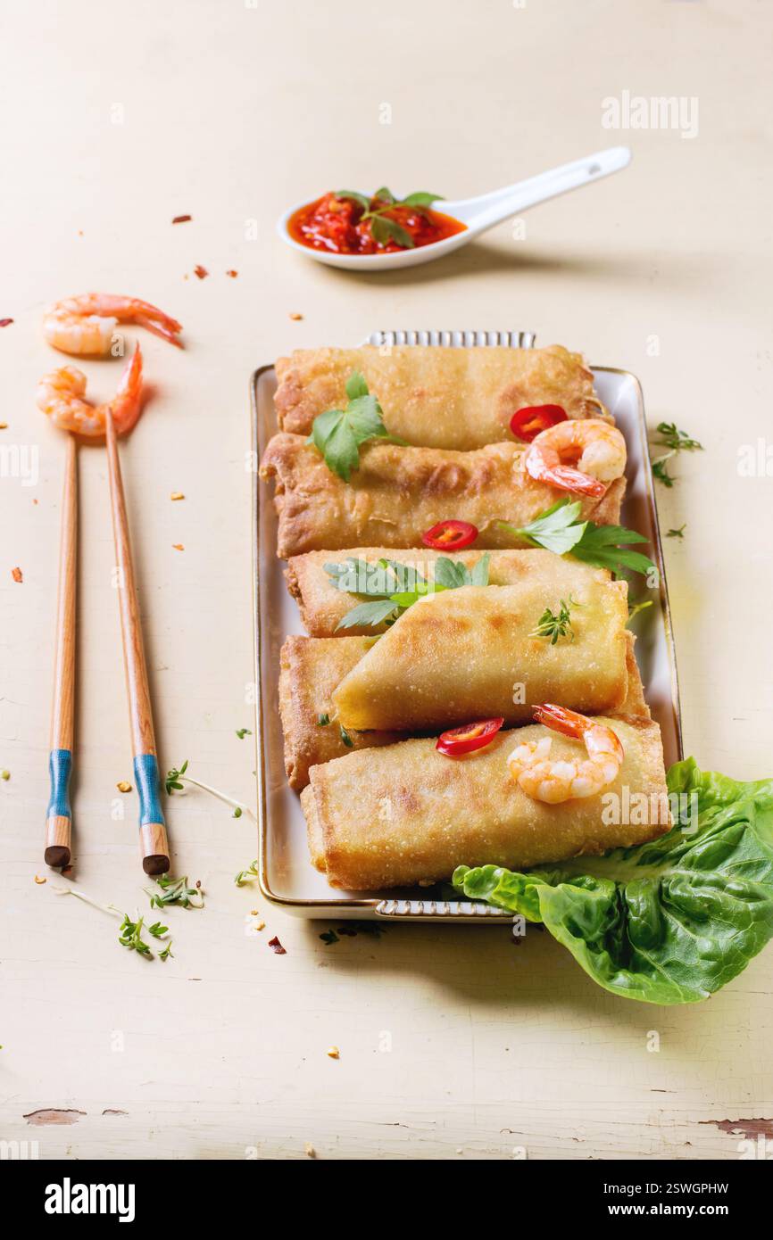 Spring rolls with vegetables and shrimps Stock Photo