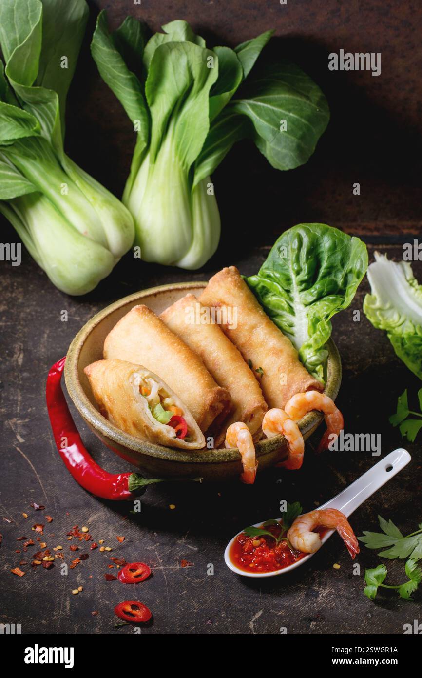 Spring rolls with vegetables and shrimps Stock Photo