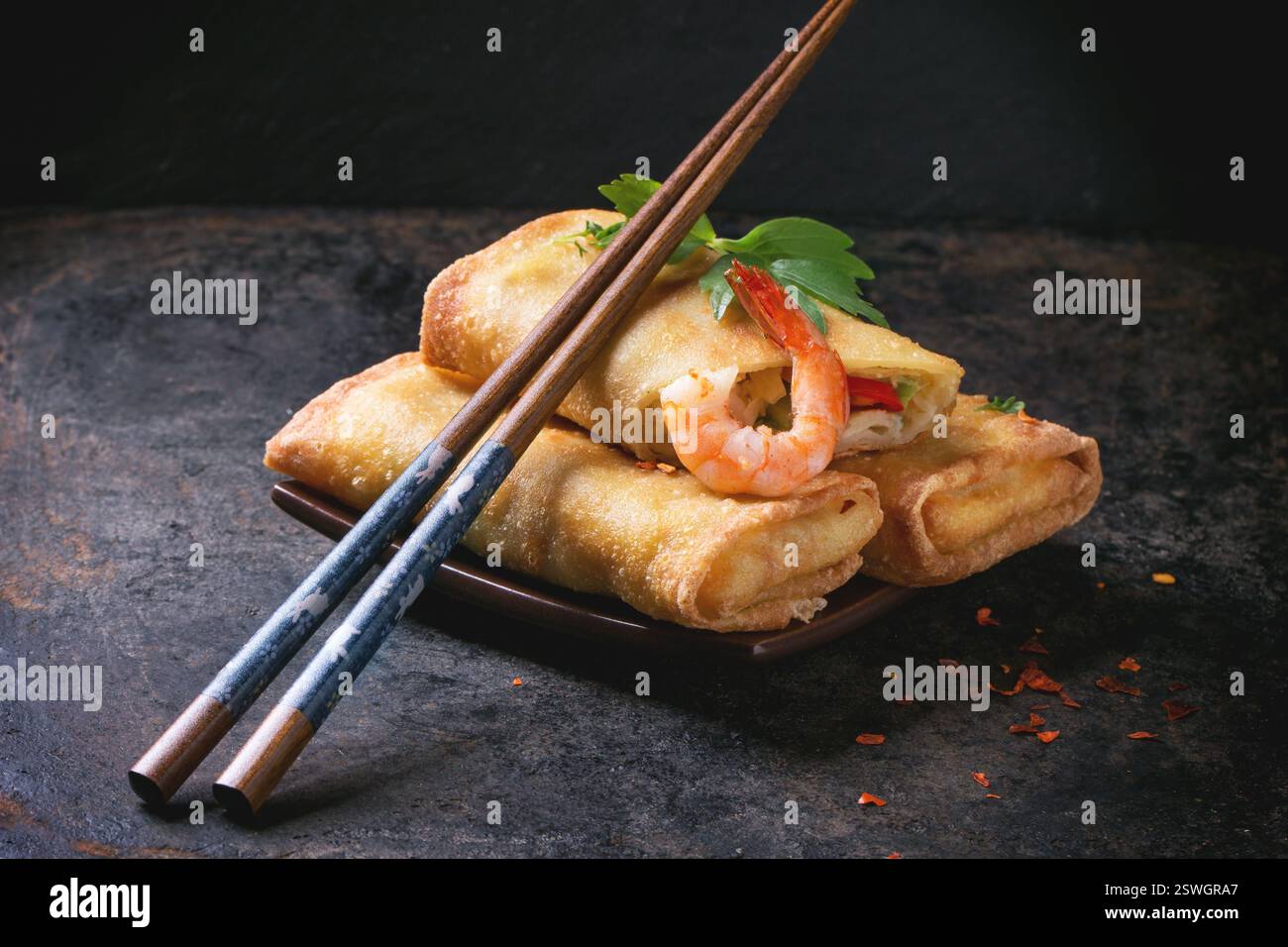 Spring rolls with vegetables and shrimps Stock Photo