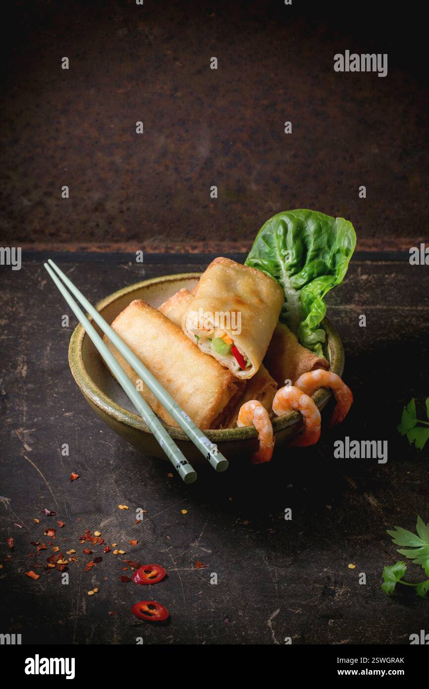 Spring rolls with vegetables and shrimps Stock Photo