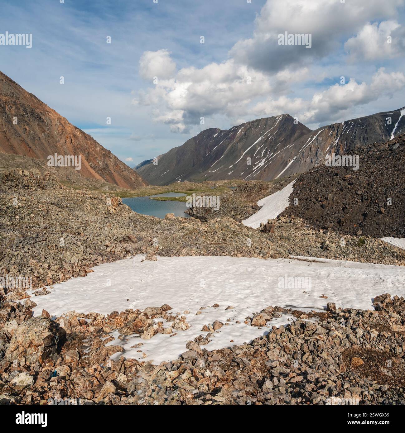 Spring square mountain landscape with icefall at large glacier in sunlight. Awesome scenery with glacial tongue in sunshine. Ama Stock Photo