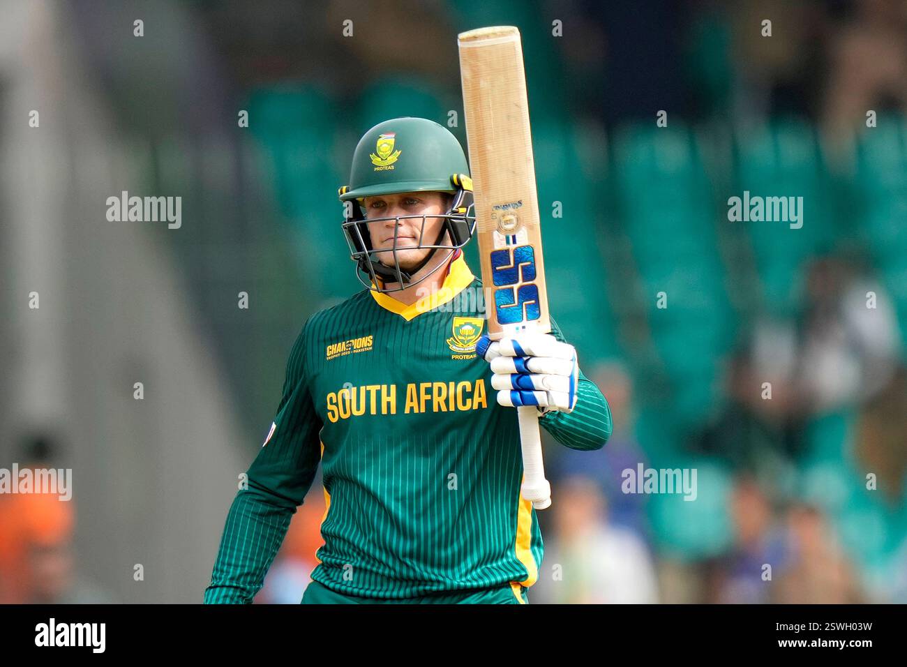 South Africa's Ryan Rickelton celebrates after scoring fifty during the ...