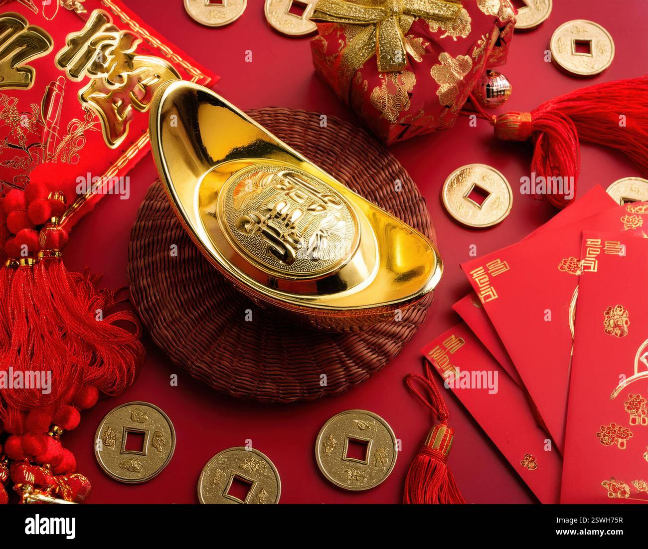 Festive decorations feature gold ingots, red envelopes, lucky coins ...