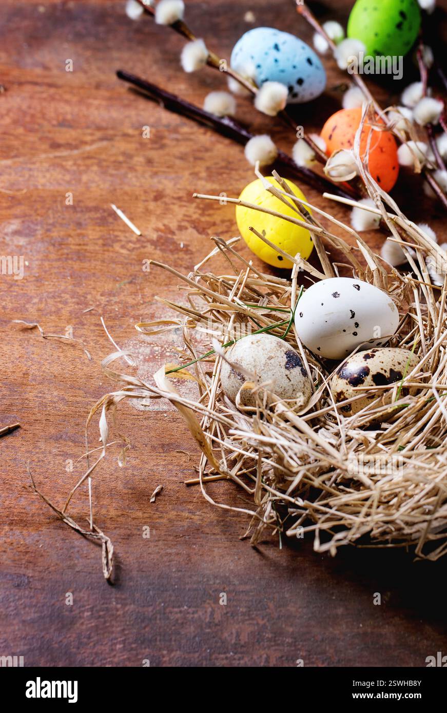 Easter decoration with quail eggs Stock Photo