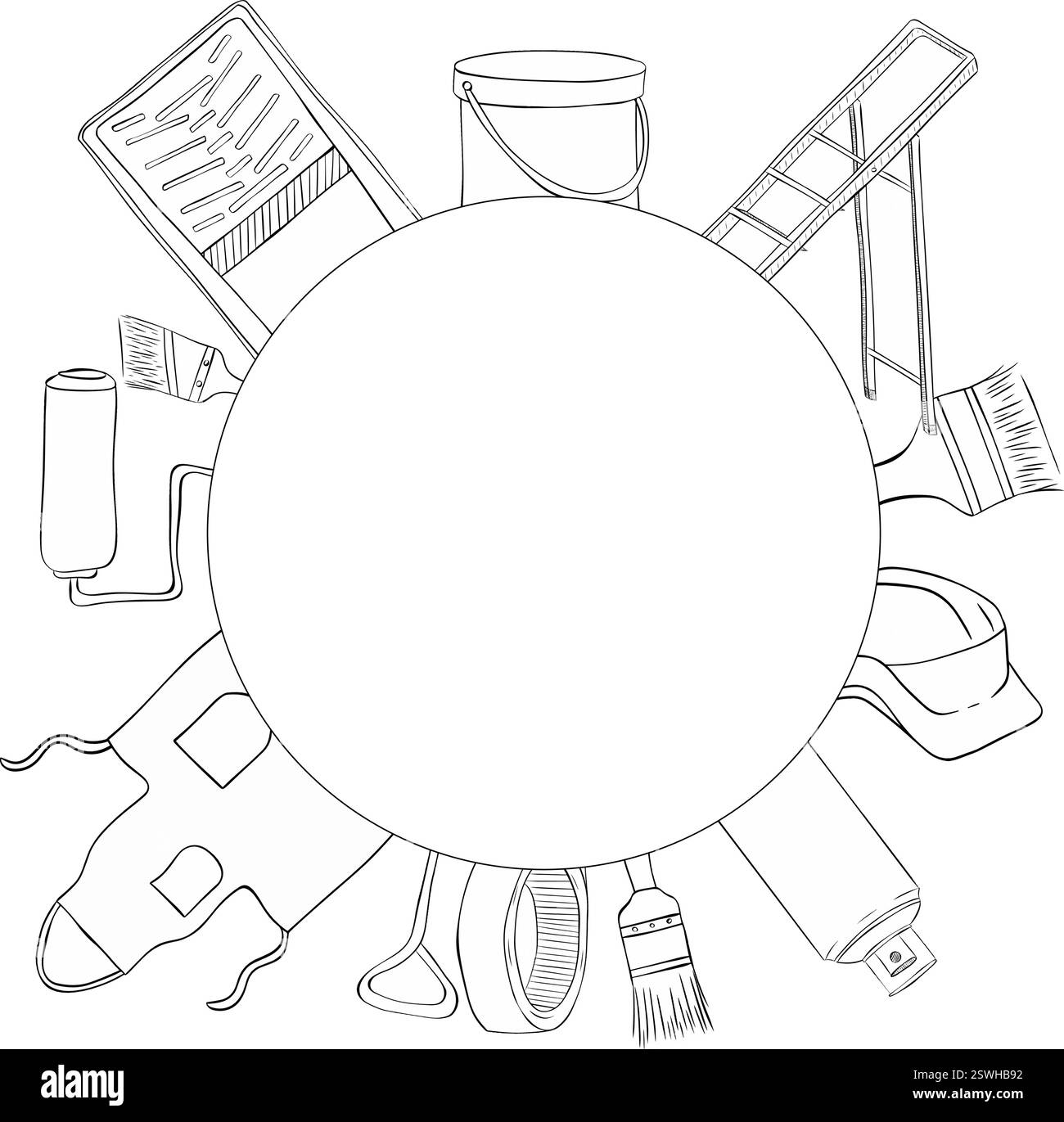 Circle round Frame with painter tools. Vector graphic line ink template with Paint can opener, color can, apron, bucket, can, Brush, Roller, Paint tra Stock Vector