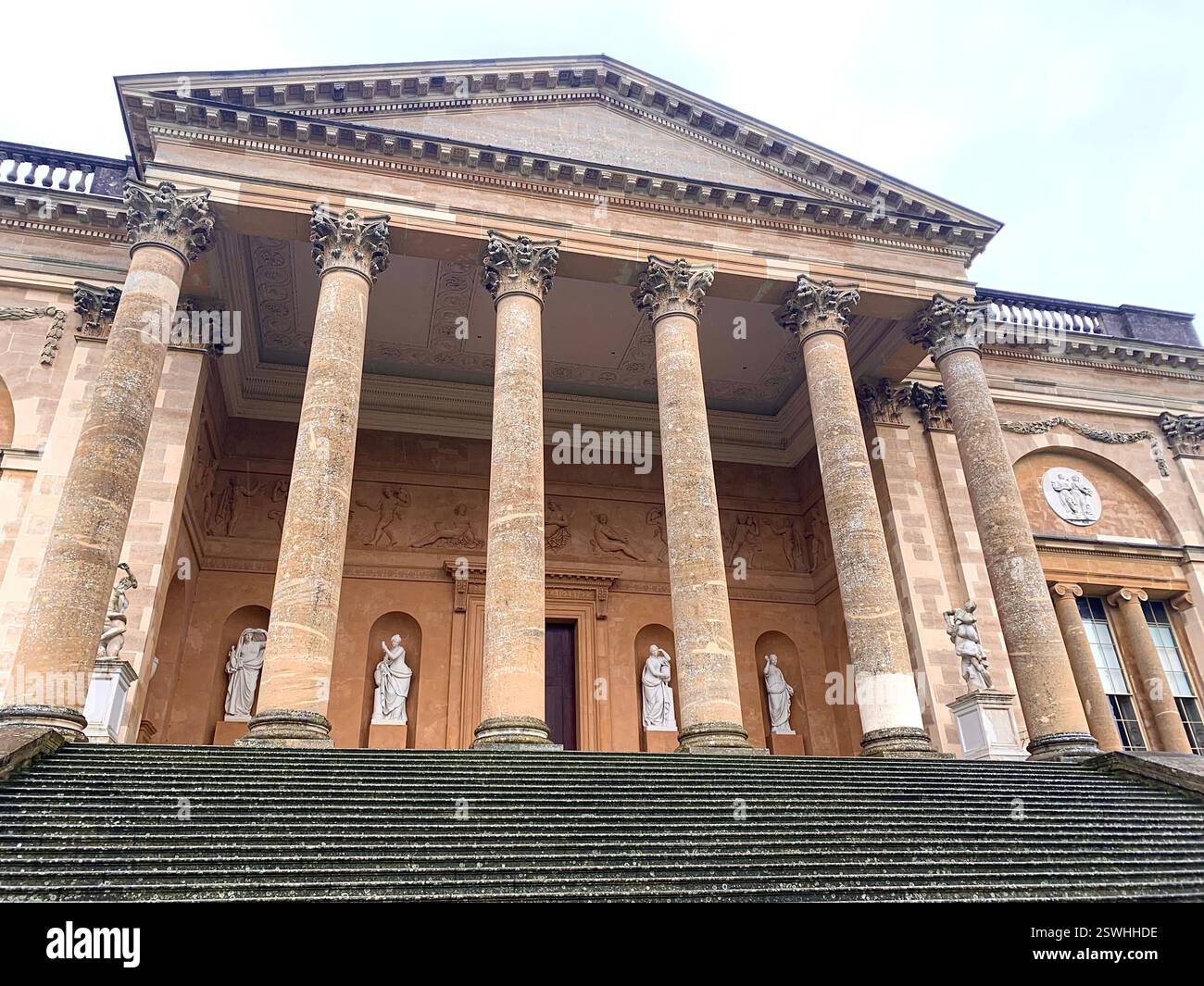Stowe School house front rear gardens pillars boys girls raining rain wall lions lion gardens garden old style country mansion children boarding school - Smartphone Captured Stock Image