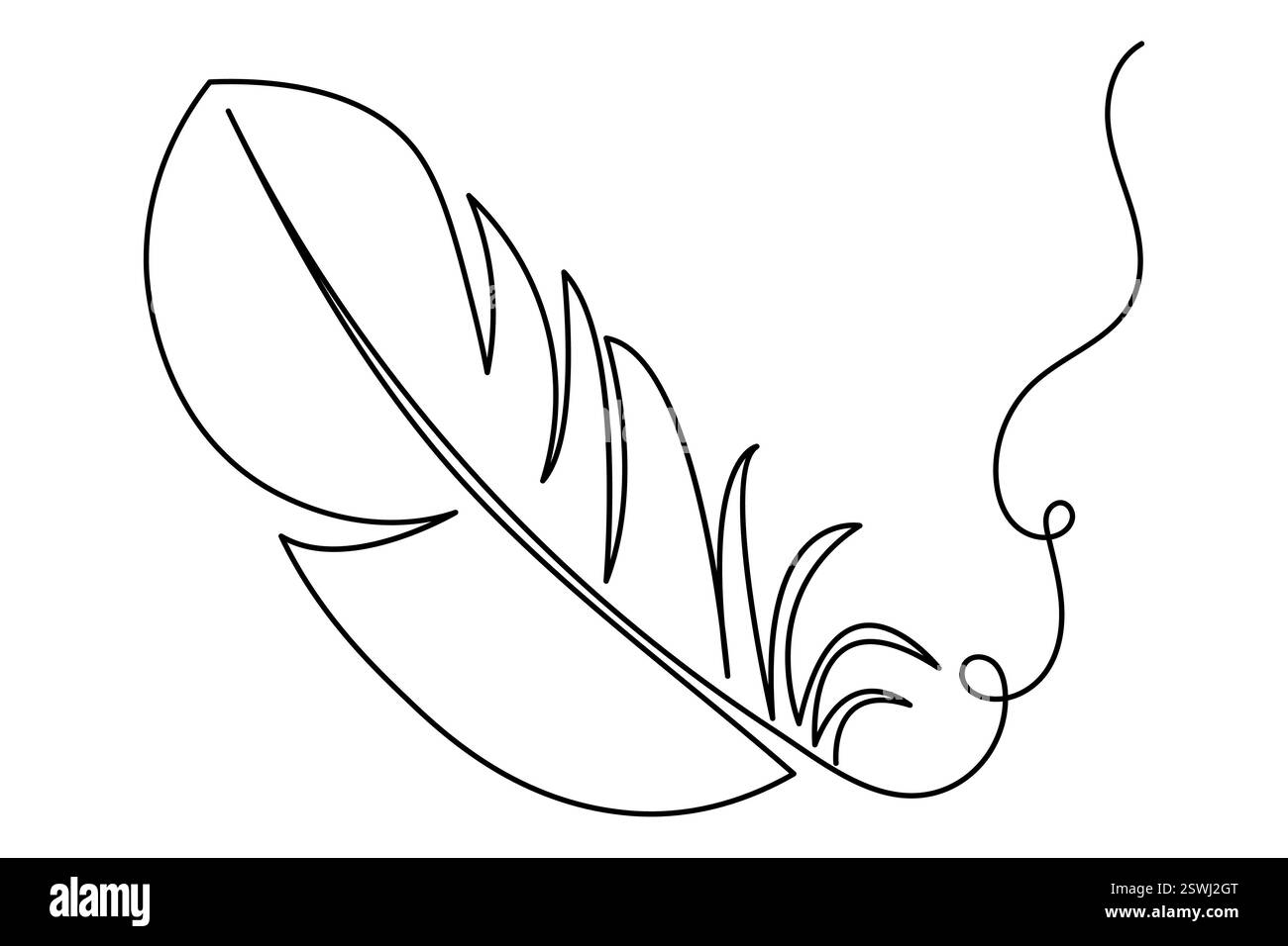 Bird feather one line drawing of minimalist vector icon with black and ...