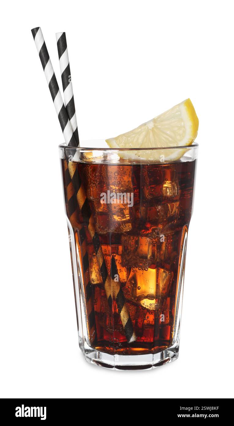 Refreshing cola with slice of lemon, ice cubes and drinking straws in ...