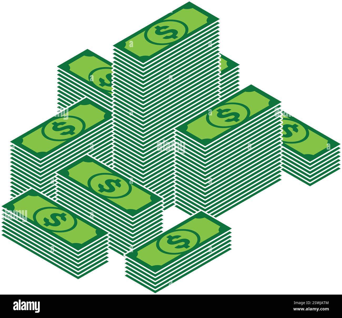 big stack multiple piles of bank currency money dollar notes 3d isometric icon vector on transparent background Stock Vector