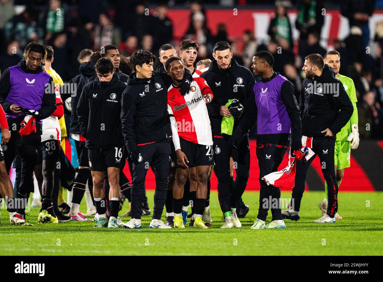 Rotterdam - Chris-Kevin Nadje of Feyenoord, Hugo Bueno of Feyenoord, Jeyland Mitchell of Feyenoord, In-beom Hwang of Feyenoord, Goalkeeper Plamen Andr Stock Photo