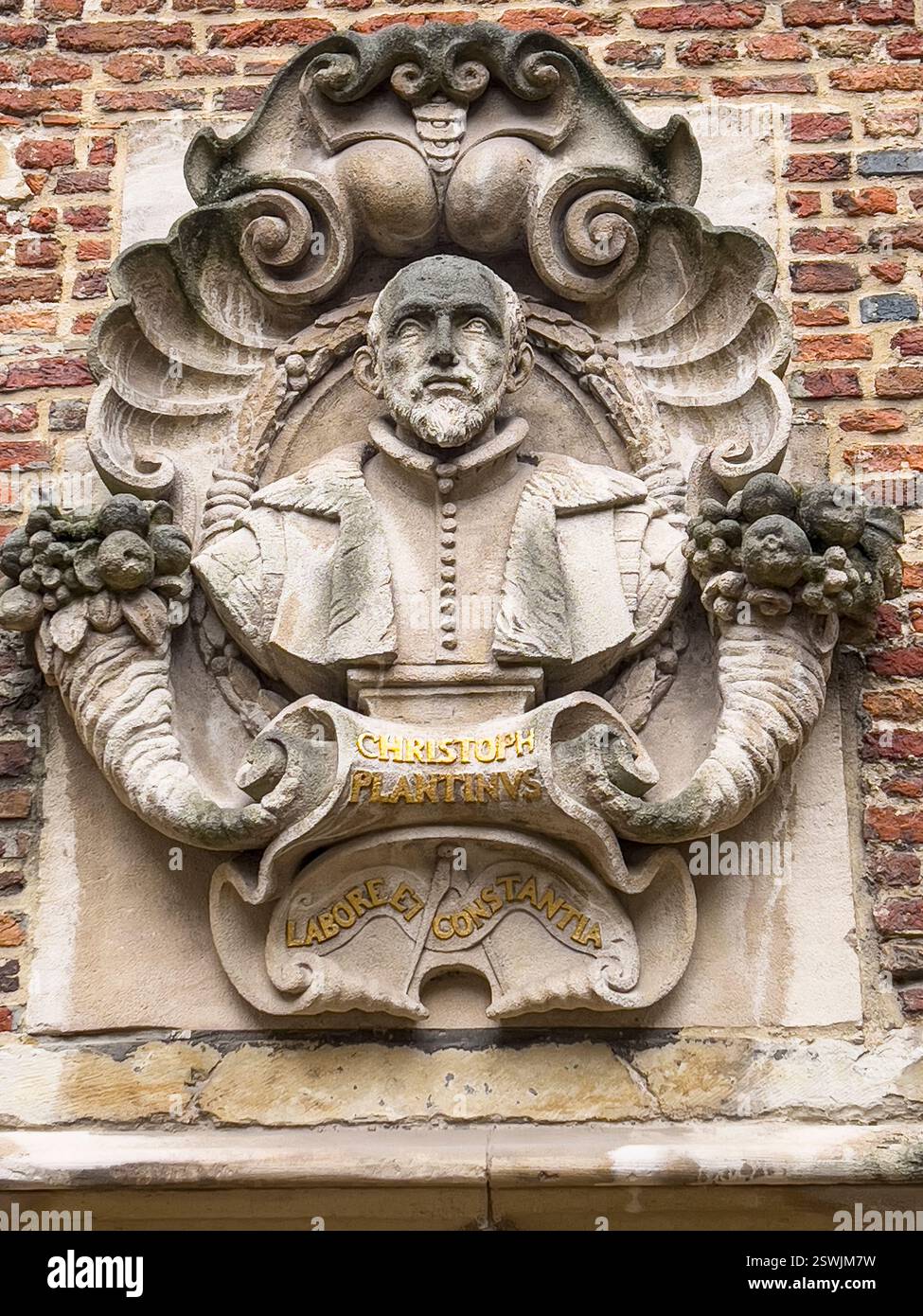A bust of the famous French book printer and publisher Christophe Plantin (1520-1589), whose Antwerp publishing house continued from 1548 until 1867 Stock Photo