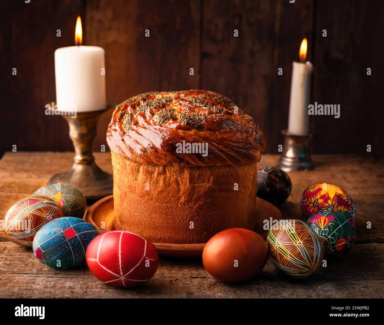 Colorful eggs surround freshly baked bread, celebrating Easter in a ...