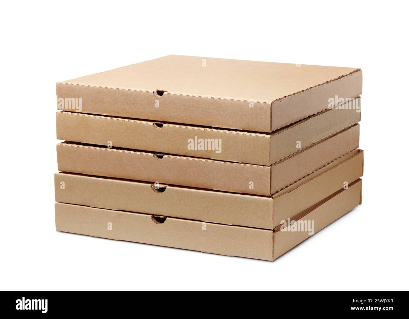Stack of blank brown cardboard pizza boxes isolated on white Stock Photo