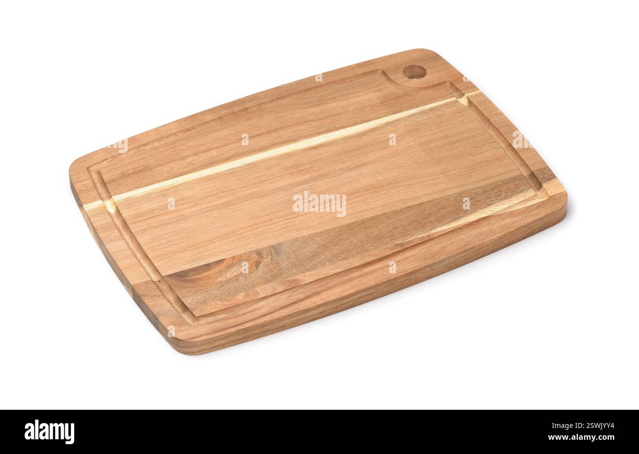 Empty wood cutting board with juice groove isolated on white Stock Photo