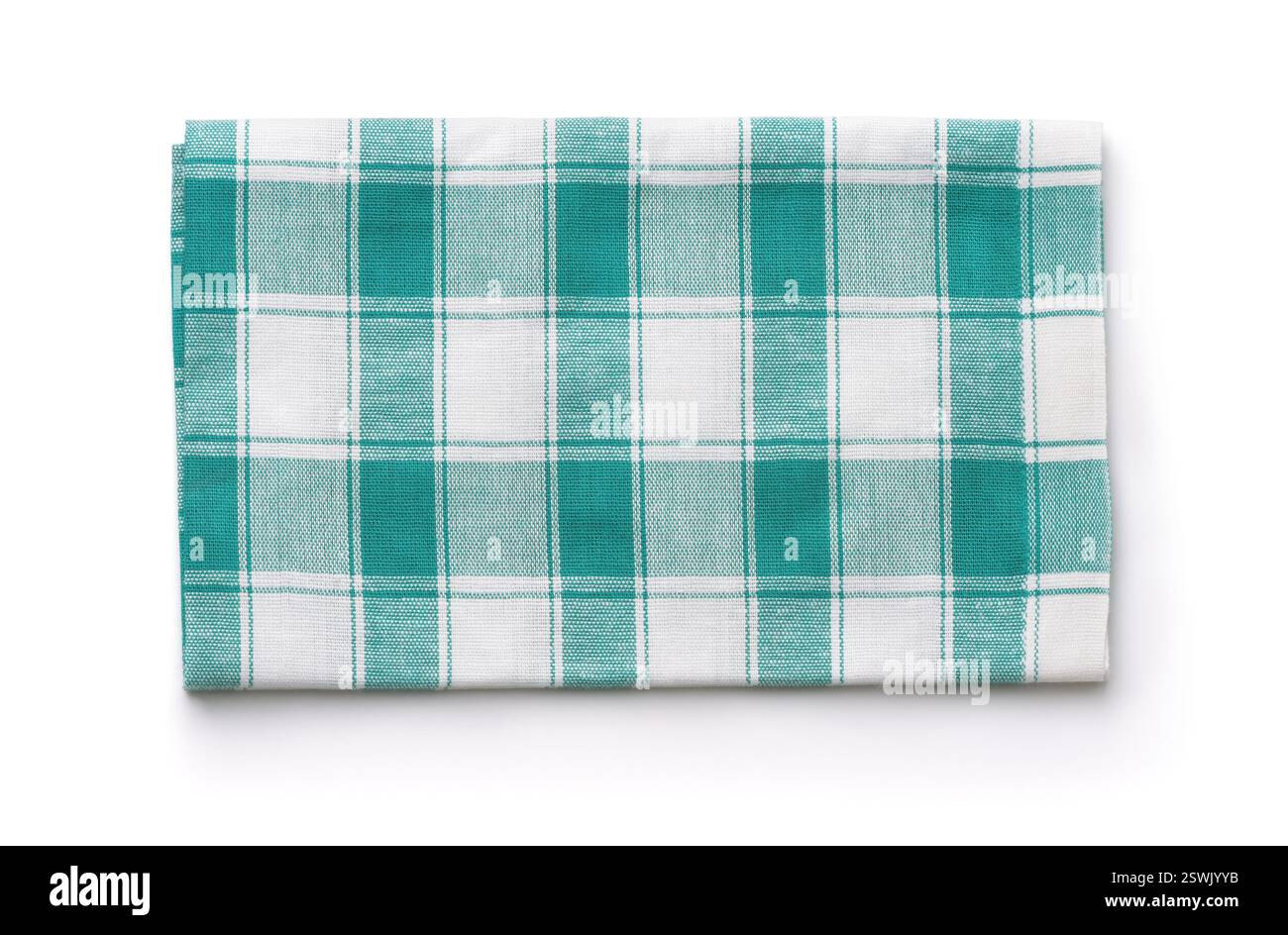 Top view of folded green checkered kitchen towel isolated on white Stock Photo