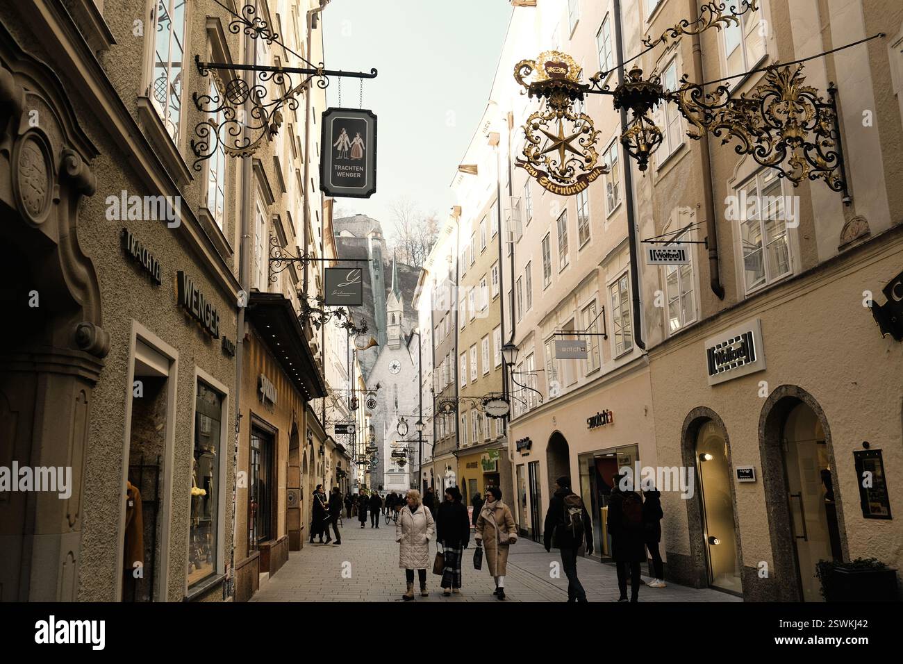 Salzburg, Austria - February 5, 2025. Getreidegasse, Salzburg's most