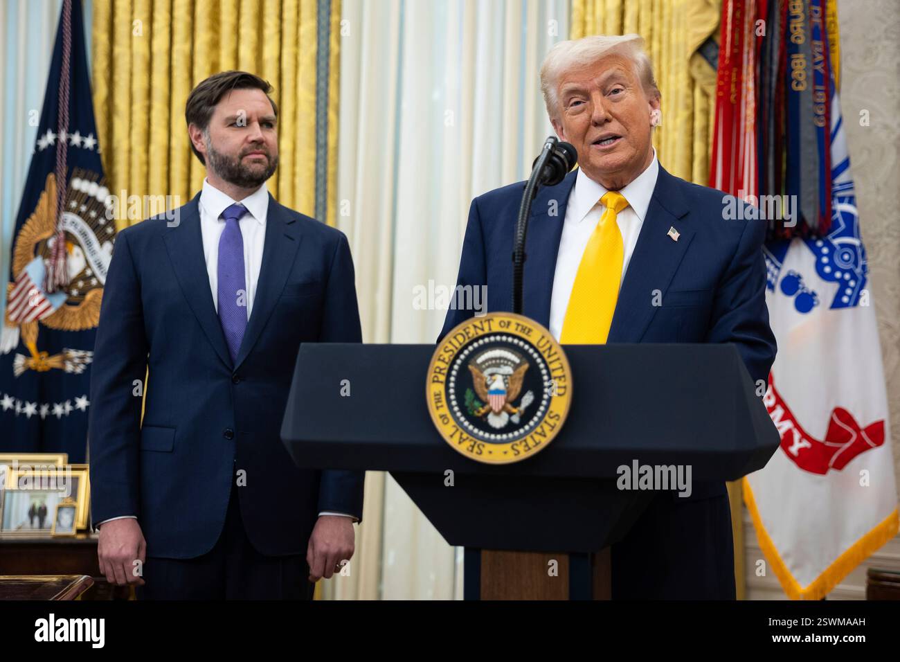 President Donald Trump speaks alongside Vice President JD Vance in the ...