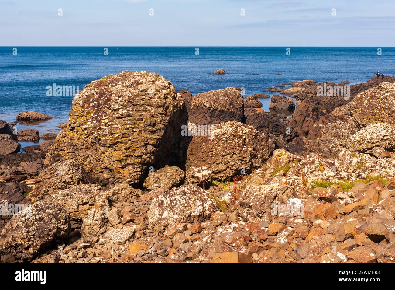A rocky shoreline with a large body of water in the background. The ...