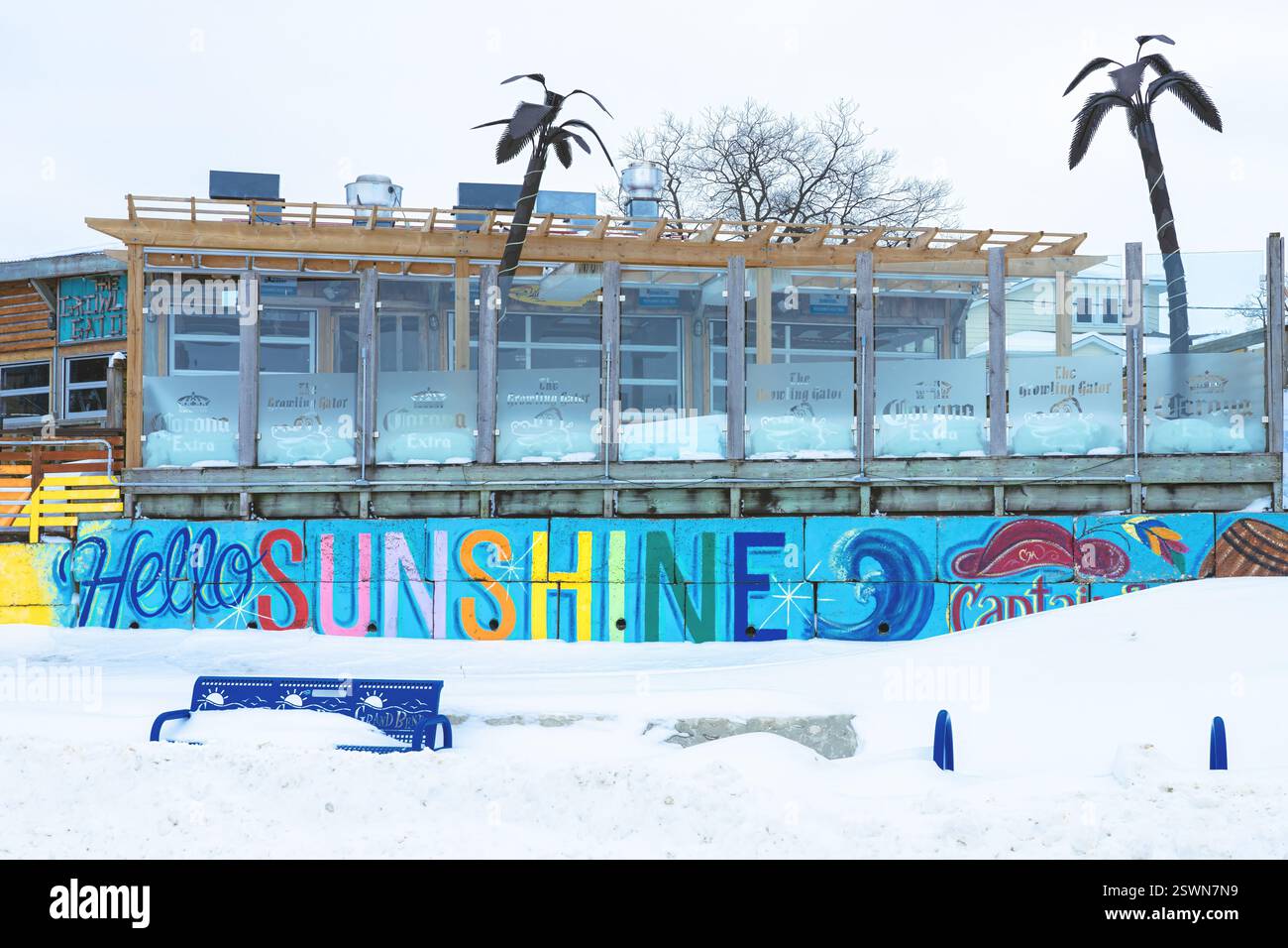 Beach Bar sits closed for the season on a wintery February day in Grand Bend Ontario Canada. Stock Photo