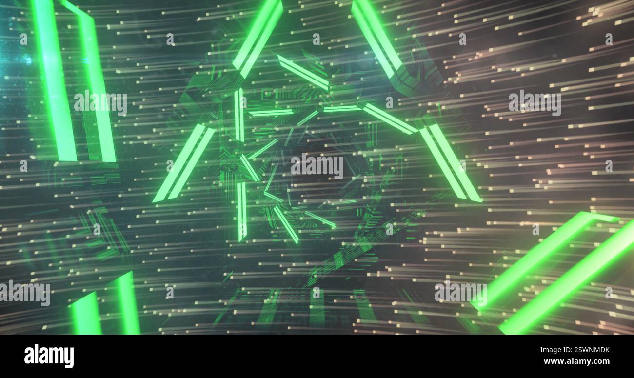 Image of glowing light trails and green neon shapes moving over black ...