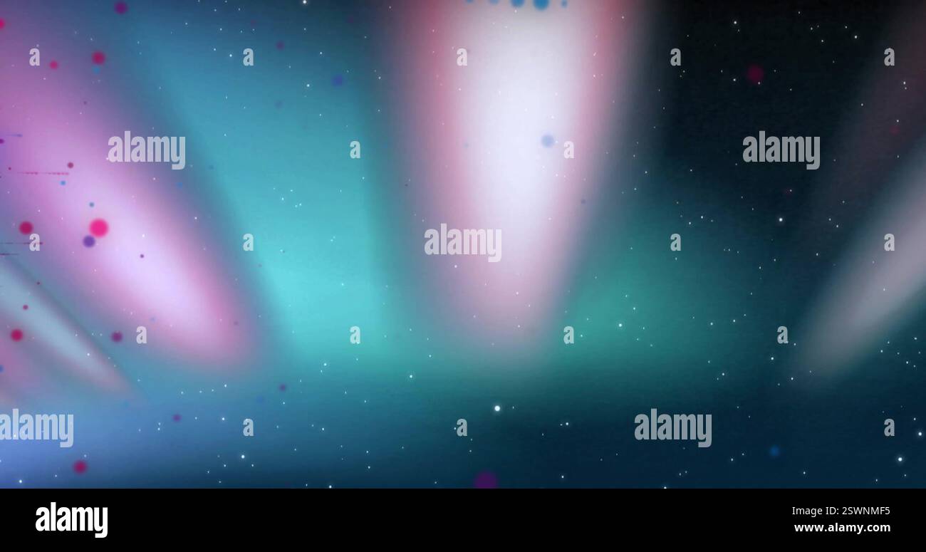 Image of glowing light spots and trails moving over black background ...