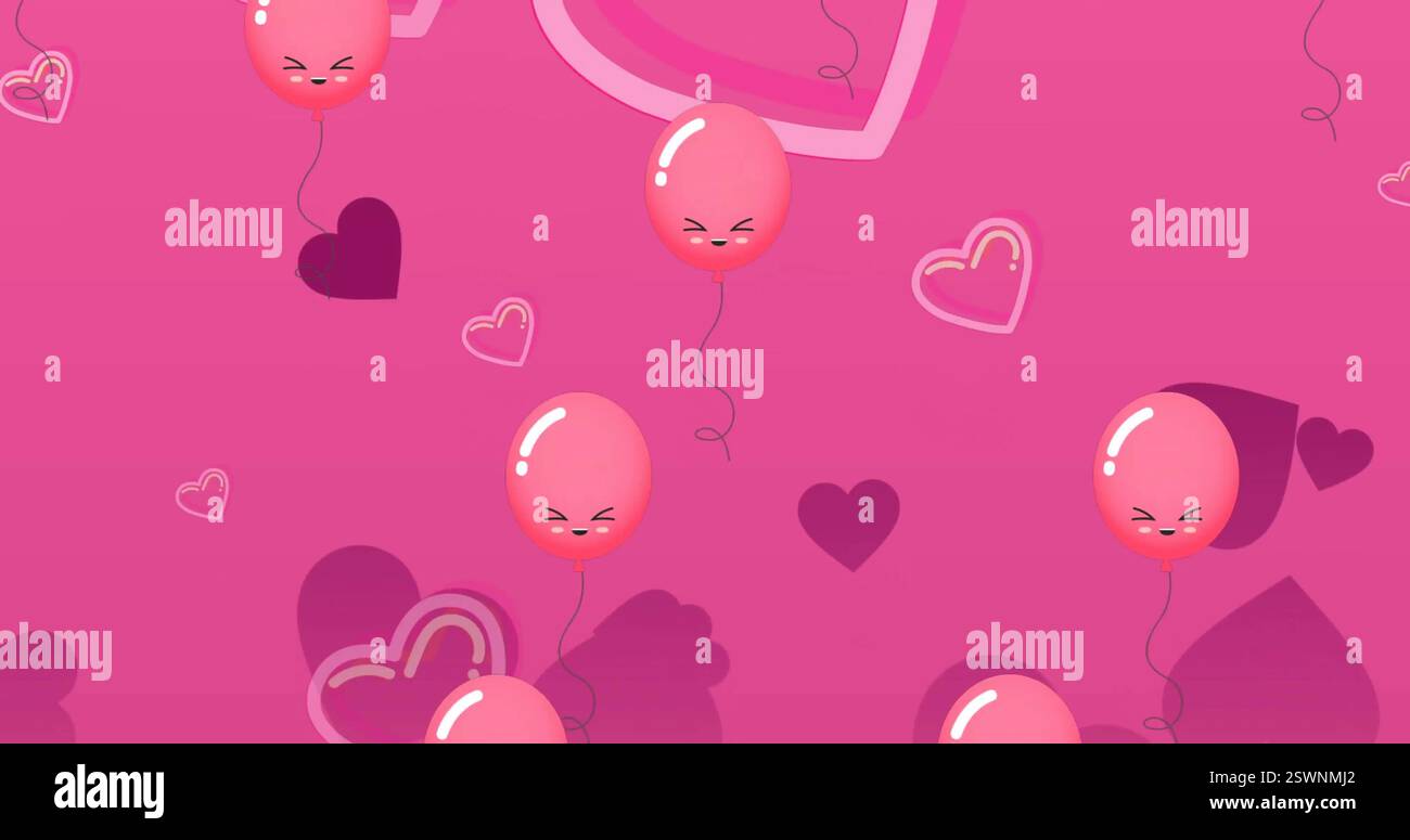 Image of balloons and hearts floating over pink background Stock Photo