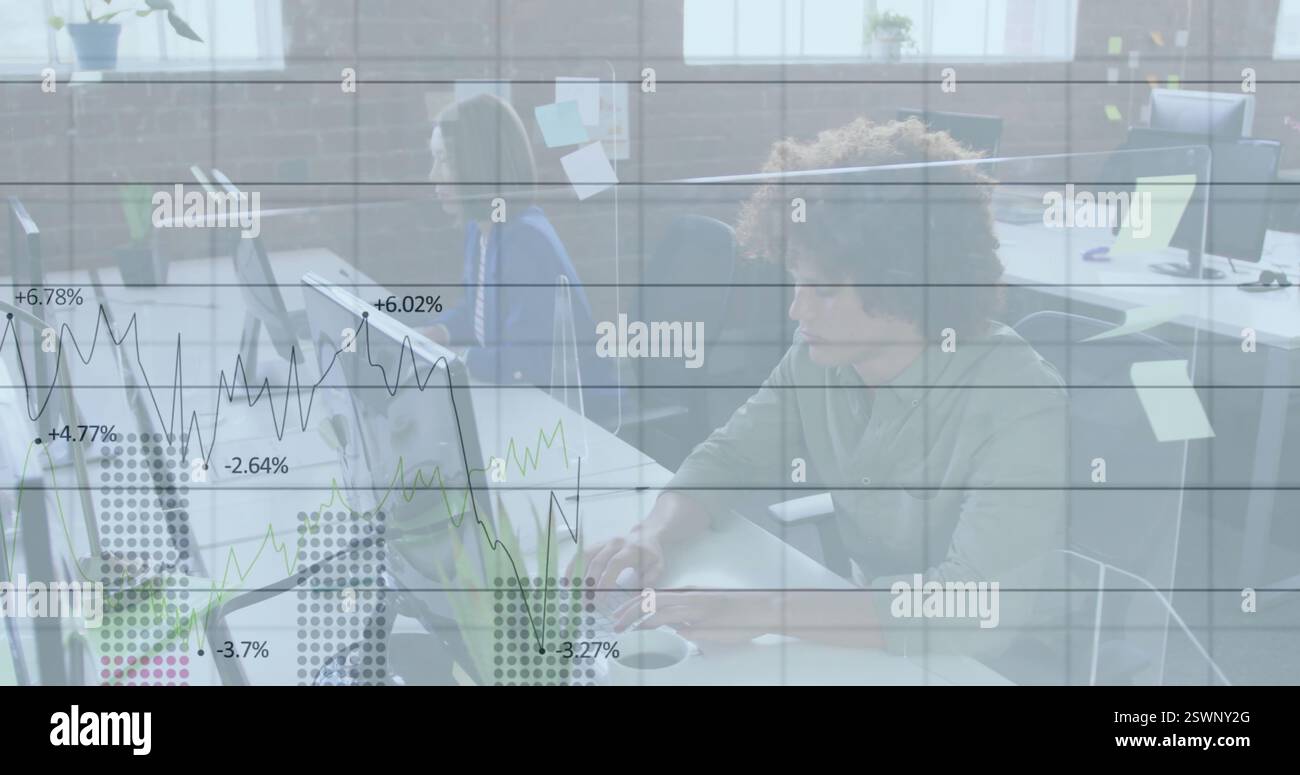 Image of data processing and diagrams over diverse colleagues working ...