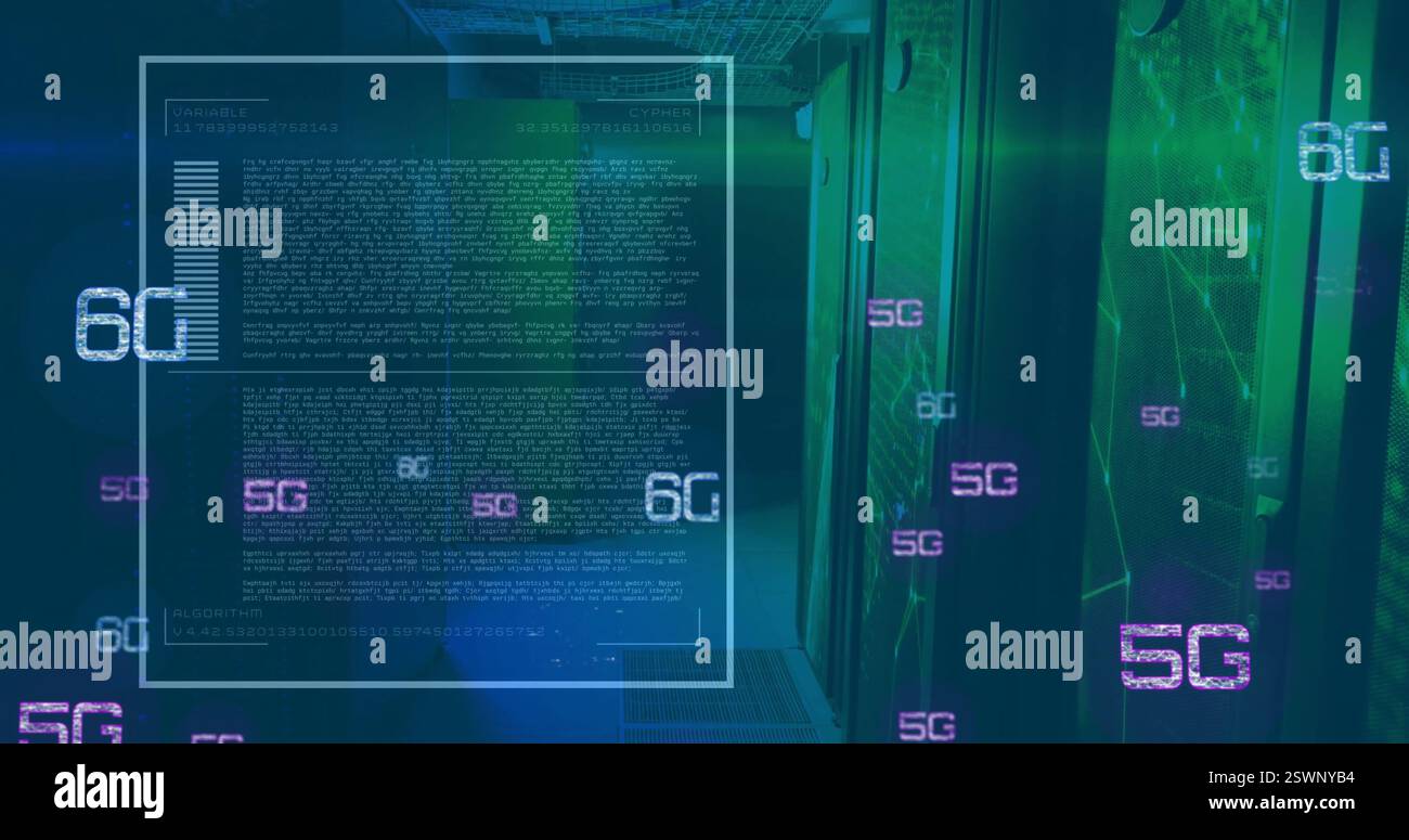 Image of 5g and 6g text, digital data processing over computer servers Stock Photo