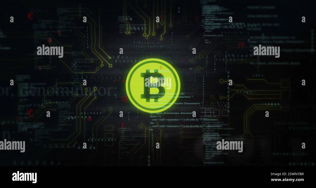 Bitcoin symbol with circuit board and binary code image Stock Photo