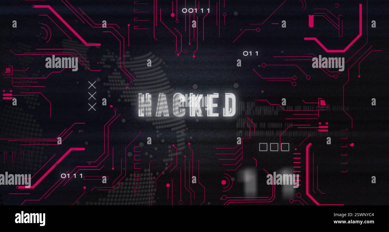Hacked text over digital world map and binary code image Stock Photo