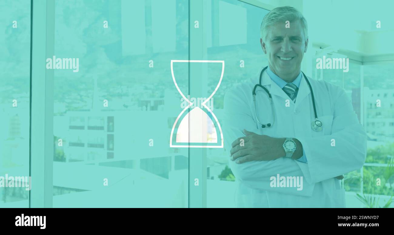 Image of hourglass icon over caucasian male doctor Stock Photo