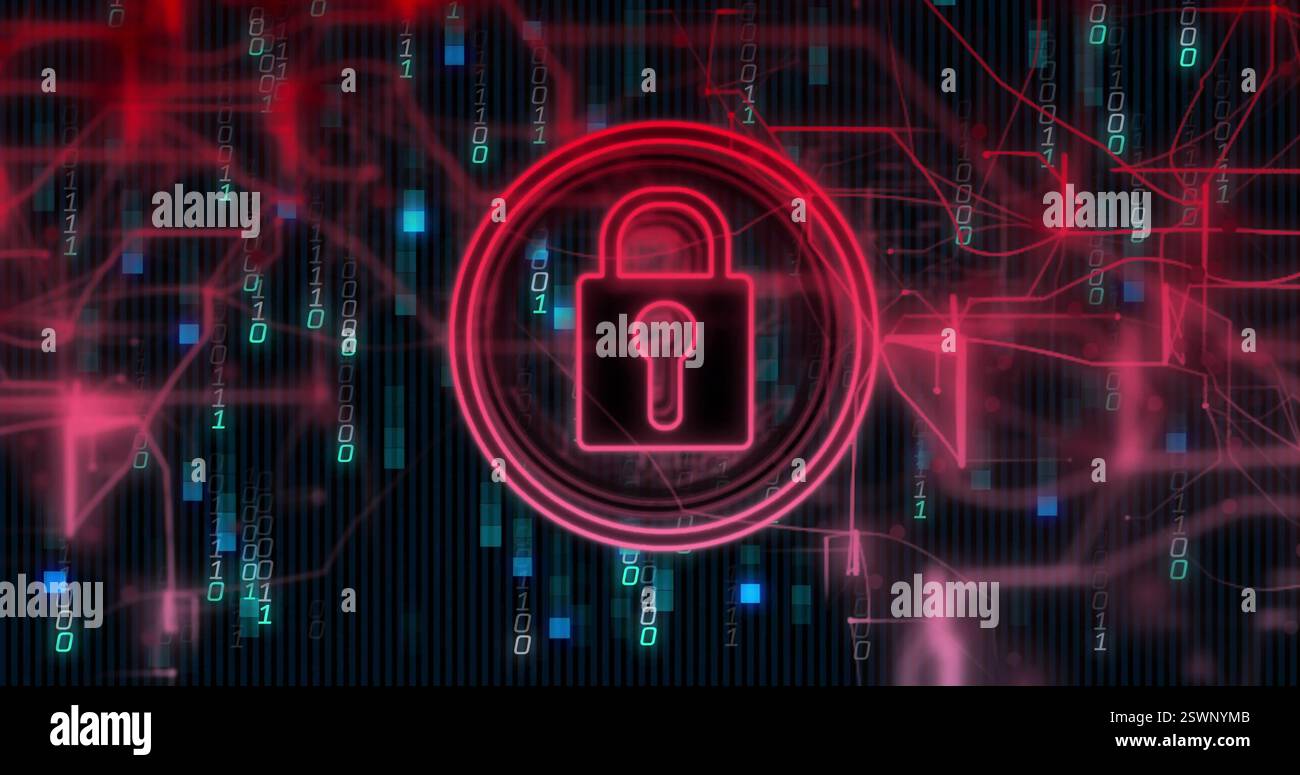 Lock icon and binary code, cybersecurity image over digital background Stock Photo