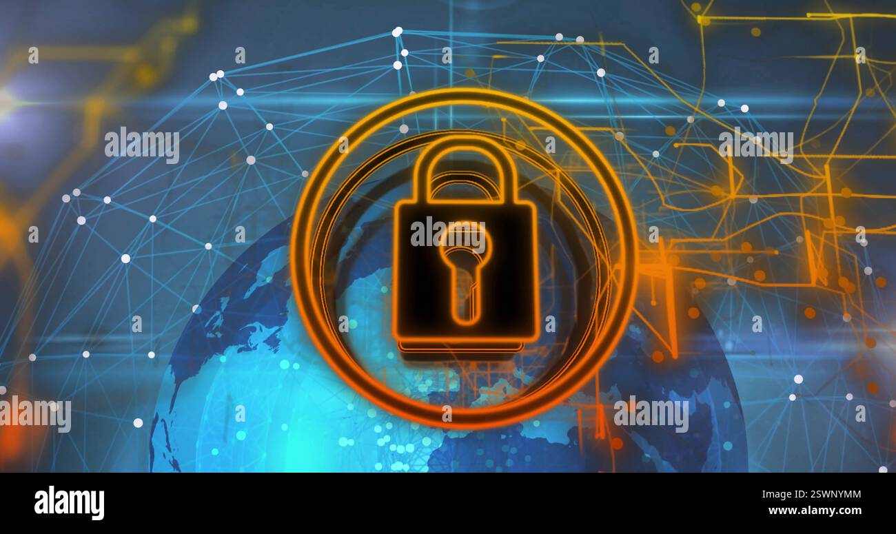 Lock and key security image over digital network and globe Stock Photo